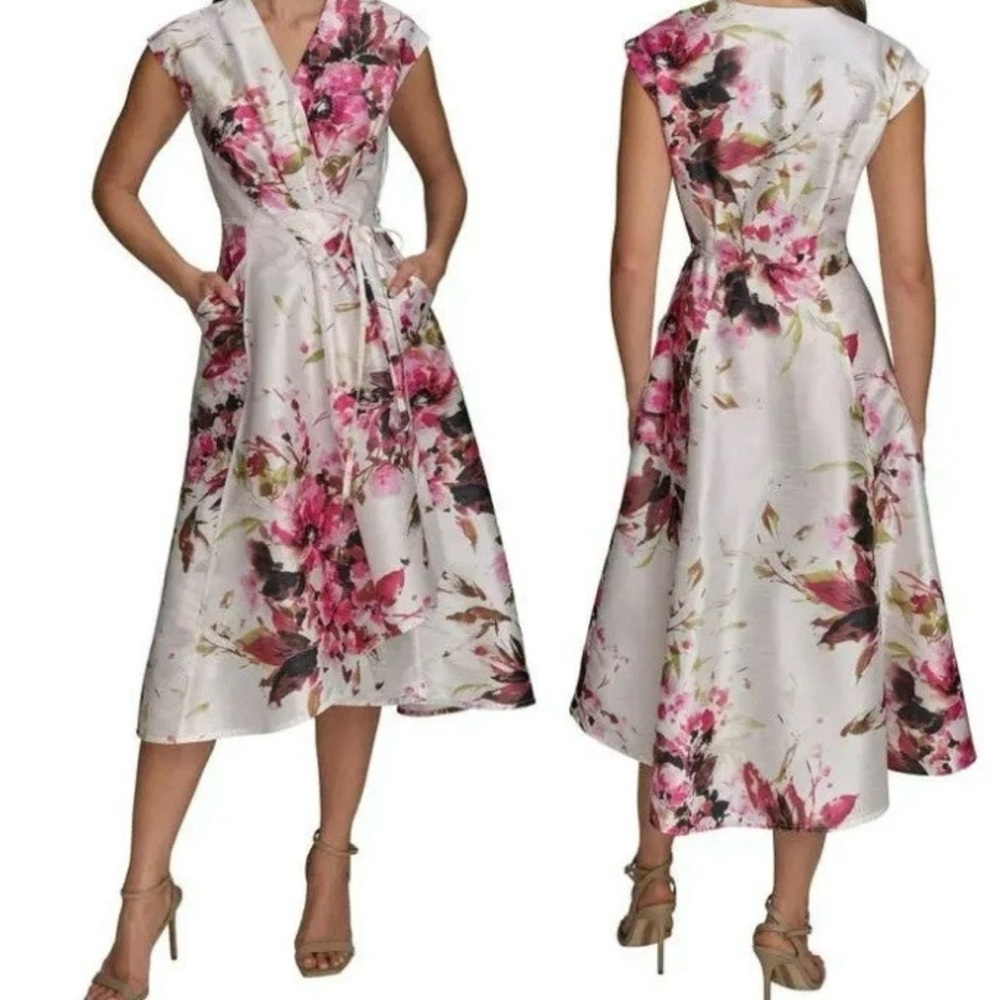 Donna Karan White Floral Wrap Midi Dress with Pink Accents - Picture 4 of 14